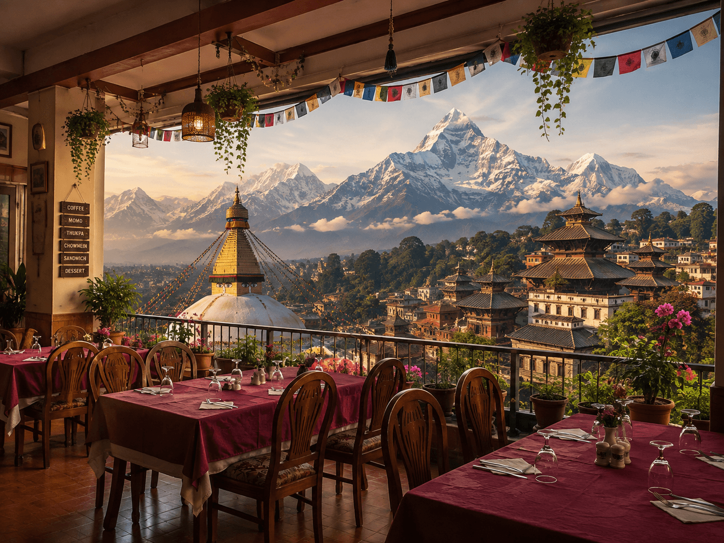 Terrasse du restaurant avec vue sur Katmandou, le stupa et l'Himalaya