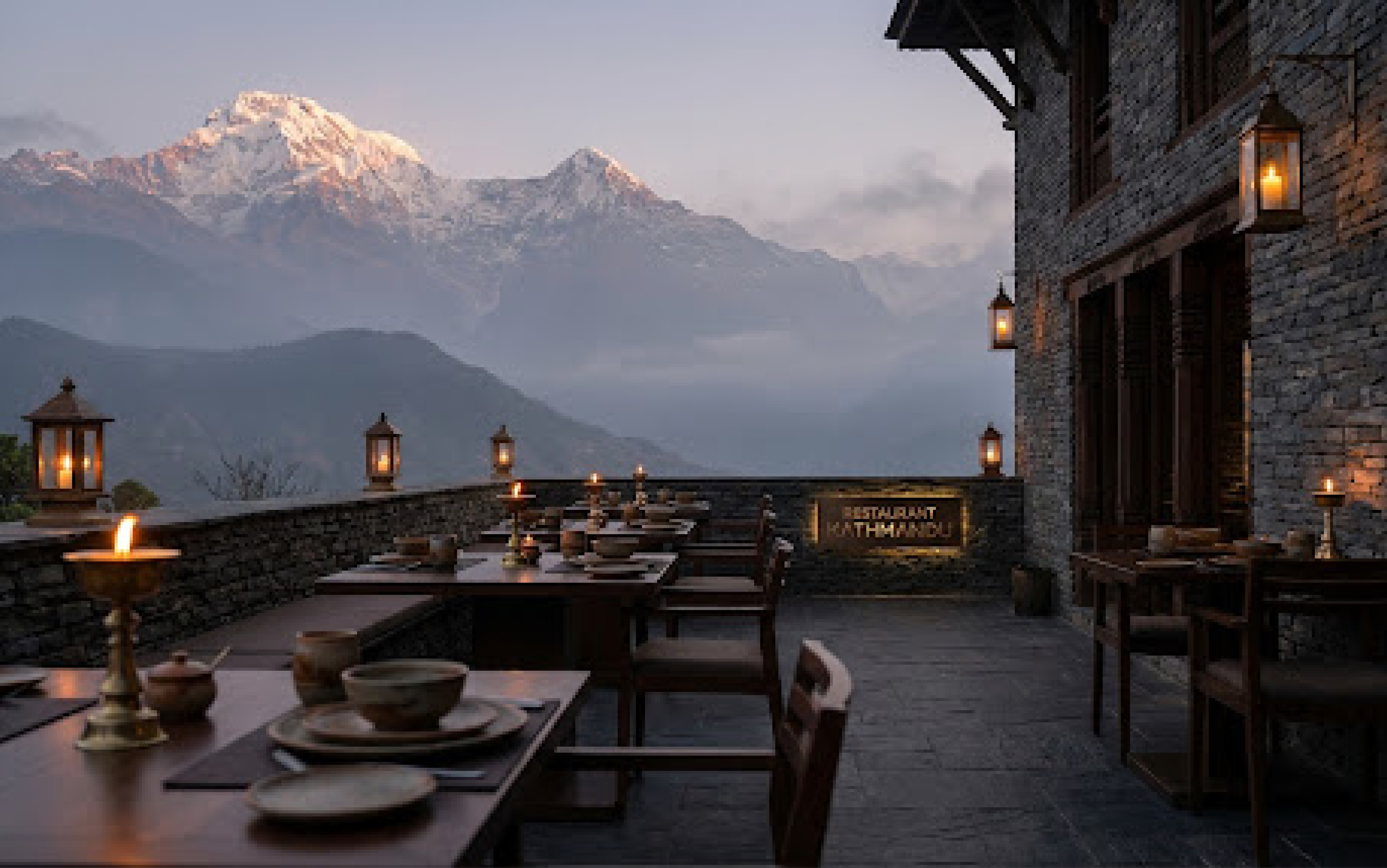 Terrasse du restaurant aux murs d'ardoise, bougies et vue sur l'Himalaya